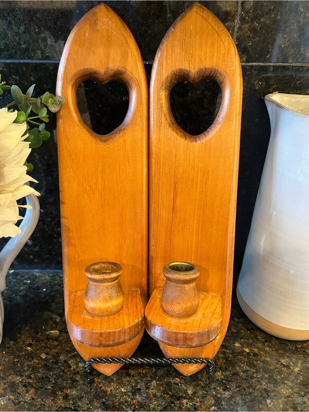 Set of 2 Vintage Wooden Heart Wall Sconce Candle Holders